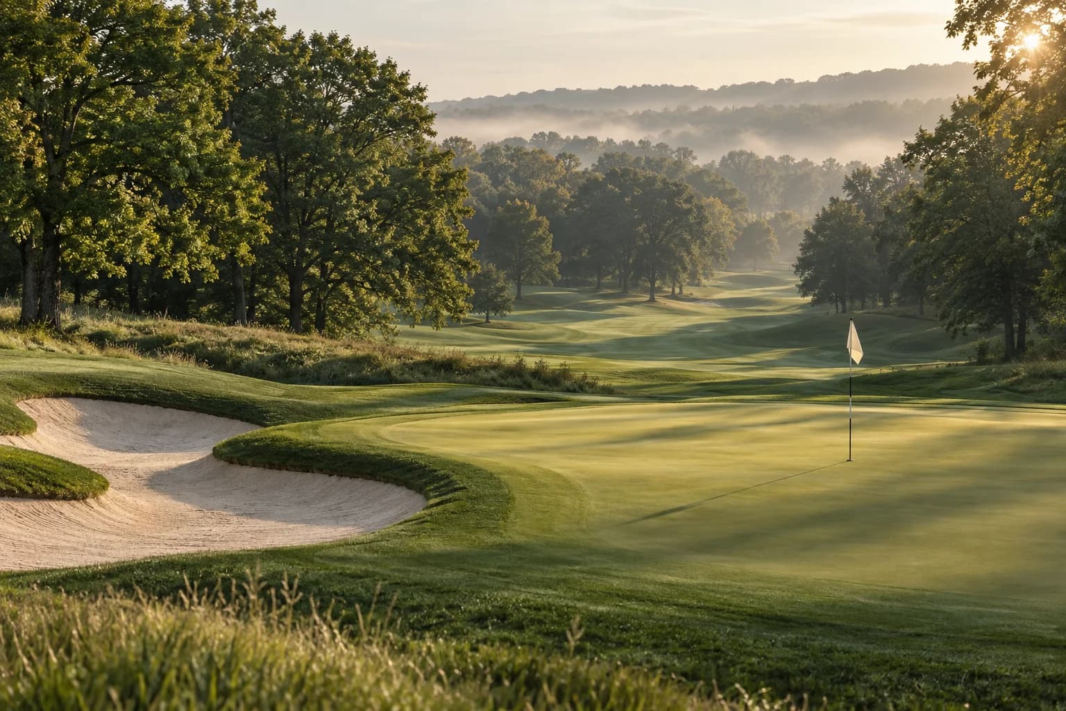 Morning light across a tree-lined golf green